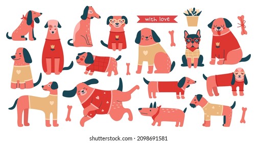 Big collection illustrations of cute pink dogs in sweaters. Set of different flat cartoon characters of dogs and puppies. Vector isolated prints for card, merch, stickers, banners and backgrounds.