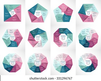 Big collection of infographic templates for business with 4, 5, 6, 7, 8, 9, 10, 11 and 12 options or steps. Vector illustration can be used for diagram, graph, presentation and chart.