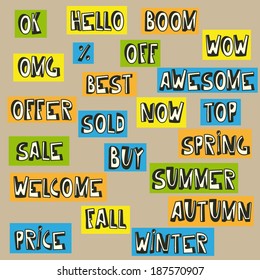 big collection of isolated different words, comics outlines style