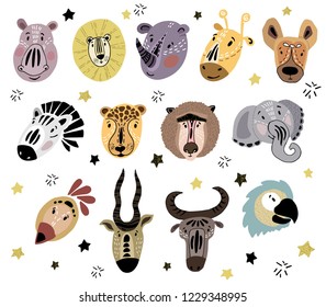 Big collection of isolated elements - cute faces of cartoon african animals, on white background, hand drawing plus flat, vector illustration for print, kids clothes design, cards, cover, poster
