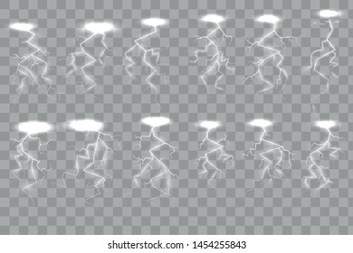 Big collection of the isolated realistic lightnings with transparency for design.  Thunder-storm and lightnings. Magic and bright lighting effects. 