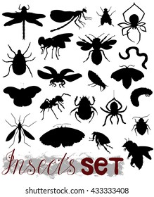 Big collection with isolated silhouettes of summer insects - mosquito, bug, bee, fly, ladybug, butterfly, spider, ant, caterpillar. Black and white vector with hand drawn icons