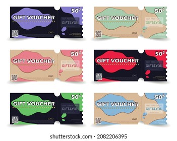 Big collection of isolated template gift vouchers. Modern discount cards with money reward and promo code. Vector coupons with text sale promotion for e-business, marketing, online shopping.