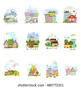 big collection of isolated towns and villages in different season for your design