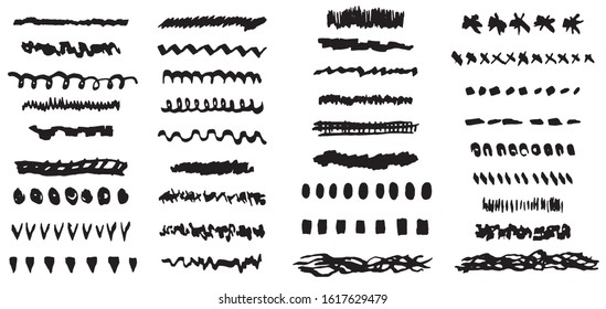 Big collection of isolated vector black grunge scratch and textured thick ink brush strokes. Dirty hand drawn inky lines and blobs for graphic design, decoration