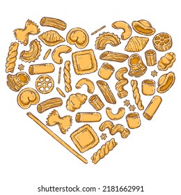 Big collection italian pasta. Different types of uncooked pasta for backgrounds, menu, stickers, cafe, restaurant, bar, shop. Set of Italian cuisine staples. Vector hand drawn style illustration.
