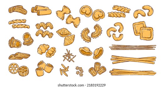 Big collection italian pasta. Different types of uncooked pasta for backgrounds, menu, stickers, cafe, restaurant, bar, shop. Set of Italian cuisine staples. Vector hand drawn style illustration.