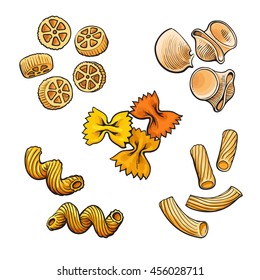 Big collection of italian pasta sketch style vector illustration isolated on white background. Set of shells bow spiral penne fusilli tagliatelle pasta. Different types of italian noodles
