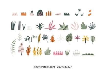 Big collection of jungle, tropical plants drawing in handdrawn style. Vector illustration, clipart isolated on white background. Elements for kids design.