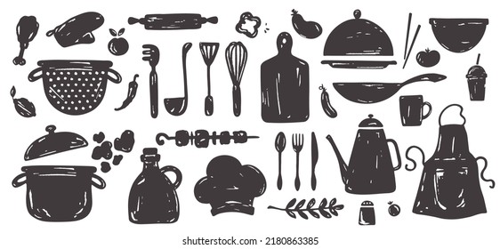 Big collection kitchen utensils food elements. Grunge crockery and kitchen items on the theme of cooking for backgrounds, menu, stickers, postcards, t-shirt prints. Vector hand drawn illustration.