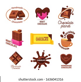 Big Collection of Kraft Handmade and Homemade Chocolate Candies and Drink Logo Design. Different Shapes and Kinds of Choco Sweets Emblems. Vector Illustration