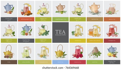 Big collection of labels or tags with various types of tea - black, green, rooibos, masala, mate, puer. Set of hand drawn tasty flavored drinks, teapots, cups and spices. Colorful vector illustration.