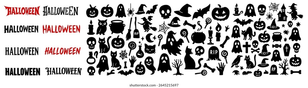 Big collection Large vector set of Halloween silhouettes and wordmarks: pumpkins, ghosts, bats, witches, skulls, spiders, cauldrons, tombstones, cats, trees and bones for spooky holiday design.