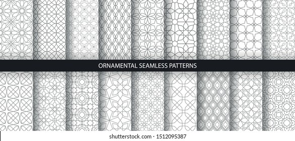 Big collection of light geometrical patterns. White, grey grille texture in Arabic, Oriental style. Set of seamless vector backgrounds.