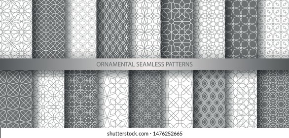 Big collection of light grey geometrical classic patterns. White, gray grille texture in Arabic, Oriental style. Set of seamless vector backgrounds.