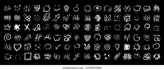 Big collection of line cartoon comic movement symbols. Fun doodle manga effects arrows, bursts, clouds, swooshes, hearts, crowns, bubbles sound. Vector sticker icons action, text accents media design