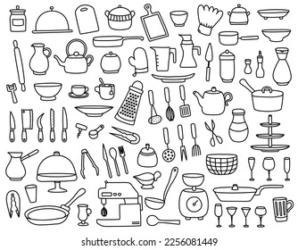 Big collection of linear hand drawn doodle kitchenware on white background. Outline freehand kitchen utensils, appliances for cooking. Cute simple cartoon icons of cutlery