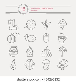 Big collection of linear icons with different autumn and fall symbols. Vector line icon series. Turkey, umbrella, rain, mushroom, coat and other seasonal elements.