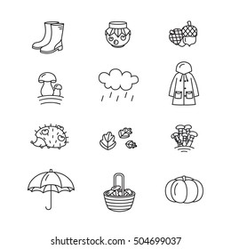 Big collection of linear icons with different autumn and fall symbols. Clothing, jam, weather, mushrooms, harvest etc.