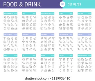 Big collection of linear icons. Set of food & drinks. Sweets, meat, dairy, bakery, cheese, eggs, dishes, fast food, vegetables, spices, seafood, tea, alcohol, fruits, herbs, coffee, leaf, and others.