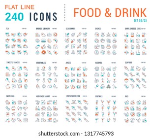 Big collection of linear icons. Set of food & drinks. Sweets, meat, dairy, bakery, cheese, eggs, dishes, fast food, vegetables, spices, seafood, tea, alcohol, fruits, herbs, coffee, leaf, and others.