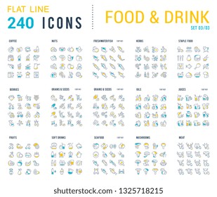 Big collection of linear icons. Set of food & drinks. Sweets, meat, dairy, bakery, cheese, eggs, dishes, fast food, vegetables, spices, seafood, tea, alcohol, fruits, herbs, coffee, leaf, and others.