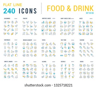 Big collection of linear icons. Set of food & drinks. Sweets, meat, dairy, bakery, cheese, eggs, dishes, fast food, vegetables, spices, seafood, tea, alcohol, fruits, herbs, coffee, leaf, and others.