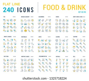Big collection of linear icons. Set of food & drinks. Sweets, meat, dairy, bakery, cheese, eggs, dishes, fast food, vegetables, spices, seafood, tea, alcohol, fruits, herbs, coffee, leaf, and others.