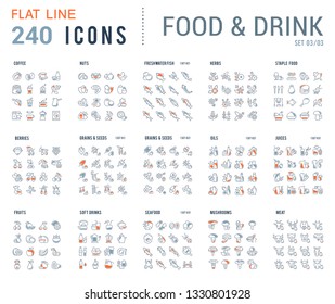 Big collection of linear icons. Set of food & drinks. Sweets, meat, dairy, bakery, cheese, eggs, dishes, fast food, vegetables, spices, seafood, tea, alcohol, fruits, herbs, coffee, leaf, and others.