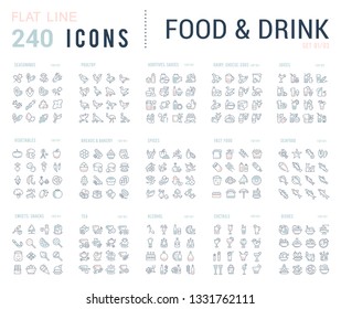 Big collection of linear icons. Set of food & drinks. Sweets, meat, dairy, bakery, cheese, eggs, dishes, fast food, vegetables, spices, seafood, tea, alcohol, fruits, herbs, coffee, leaf, and others.