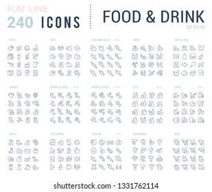 Big collection of linear icons. Set of food & drinks. Sweets, meat, dairy, bakery, cheese, eggs, dishes, fast food, vegetables, spices, seafood, tea, alcohol, fruits, herbs, coffee, leaf, and others.