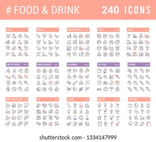 Big collection of linear icons. Set of food & drinks. Sweets, meat, dairy, bakery, cheese, eggs, dishes, fast food, vegetables, spices, seafood, tea, alcohol, fruits, herbs, coffee, leaf, and others.