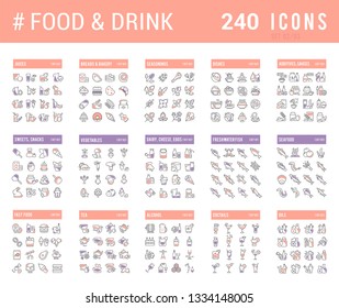 Big collection of linear icons. Set of food & drinks. Sweets, meat, dairy, bakery, cheese, eggs, dishes, fast food, vegetables, spices, seafood, tea, alcohol, fruits, herbs, coffee, leaf, and others.