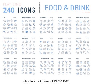 Big collection of linear icons. Set of food & drinks. Sweets, meat, dairy, bakery, cheese, eggs, dishes, fast food, vegetables, spices, seafood, tea, alcohol, fruits, herbs, coffee, leaf, and others.