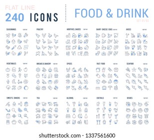 Big collection of linear icons. Set of food & drinks. Sweets, meat, dairy, bakery, cheese, eggs, dishes, fast food, vegetables, spices, seafood, tea, alcohol, fruits, herbs, coffee, leaf, and others.