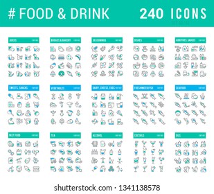 Big collection of linear icons. Set of food & drinks. Sweets, meat, dairy, bakery, cheese, eggs, dishes, fast food, vegetables, spices, seafood, tea, alcohol, fruits, herbs, coffee, leaf, and others.