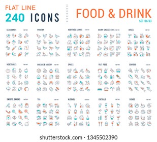 Big collection of linear icons. Set of food & drinks. Sweets, meat, dairy, bakery, cheese, eggs, dishes, fast food, vegetables, spices, seafood, tea, alcohol, fruits, herbs, coffee, leaf, and others.