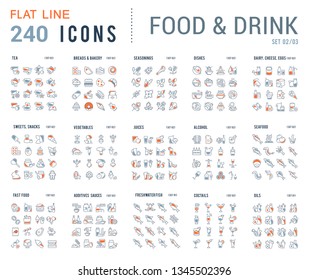 Big collection of linear icons. Set of food & drinks. Sweets, meat, dairy, bakery, cheese, eggs, dishes, fast food, vegetables, spices, seafood, tea, alcohol, fruits, herbs, coffee, leaf, and others.