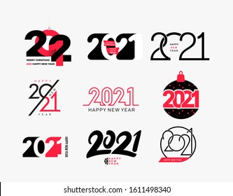 Big collection of logo 2021 Happy New Year signs. Set of 2021 Happy New Year symbols. Greeting card artwork, brochure template. Vector with black holiday labels isolated on white background.