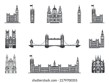 Big collection of London landmarks icons. St. Peter's Cathedral, Westminster Abbey, Big Ben, Tower Bridge. English architecture. Gothic. Vector illustration.