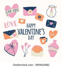 Big collection of love objects and symbols for Happy Valentine's day. Colorful flat illustration.