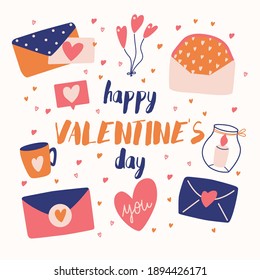 Big collection of love objects and symbols for Happy Valentine's day. Colorful flat illustration.