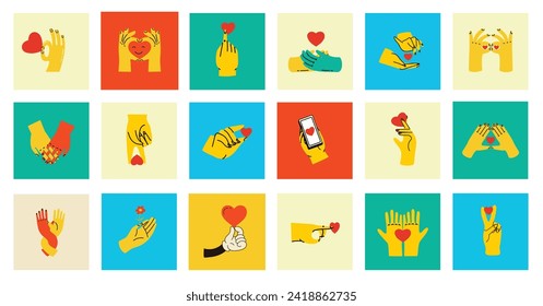 Big collection with I love you hand and heart signs. Set of Valentine day and expressions love to you, message of love hand gesture, shapes heart with the hands.