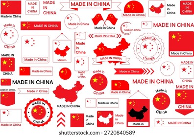 Big collection of made in China logos and labels in national colors and flat style