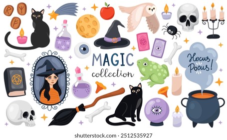 Grande coleção de ilustrações mágicas. Elementos para o design de Halloween. Caldeirão e chapéu de bruxa, gato preto, vassoura, poção, retrato de bruxa, coruja, sapo, velas, livro.