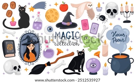 Big collection of magical illustrations. Elements for Halloween design. Witch cauldron and hat, black cat, broom, potion, witch portrait, owl, frog, candles, book.