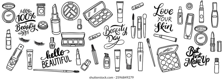 Big collection of Make up accessories in doodle style. Hand drawn vector art 