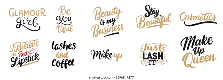 Big collection of Make up text lettering in gold and black color. Hand drawn vector art.