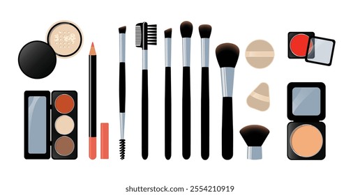 Big collection of makeup brushes and other tools isolated on white. Vector illustration of beauty products.