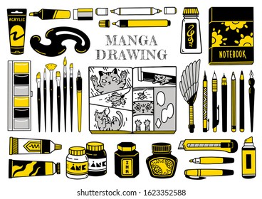 Big collection of manga drawing tools. Black and white ink, liner, pen, paint brushes, markers, feather brush sweeper, french curve. Vector illustration.